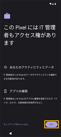 「このPixelにはIT管理者もアクセス権があります」画面